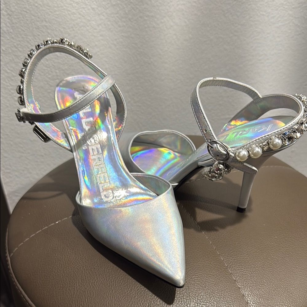 Karl lagerfield Iridescent Silver Heels with Pearl Details